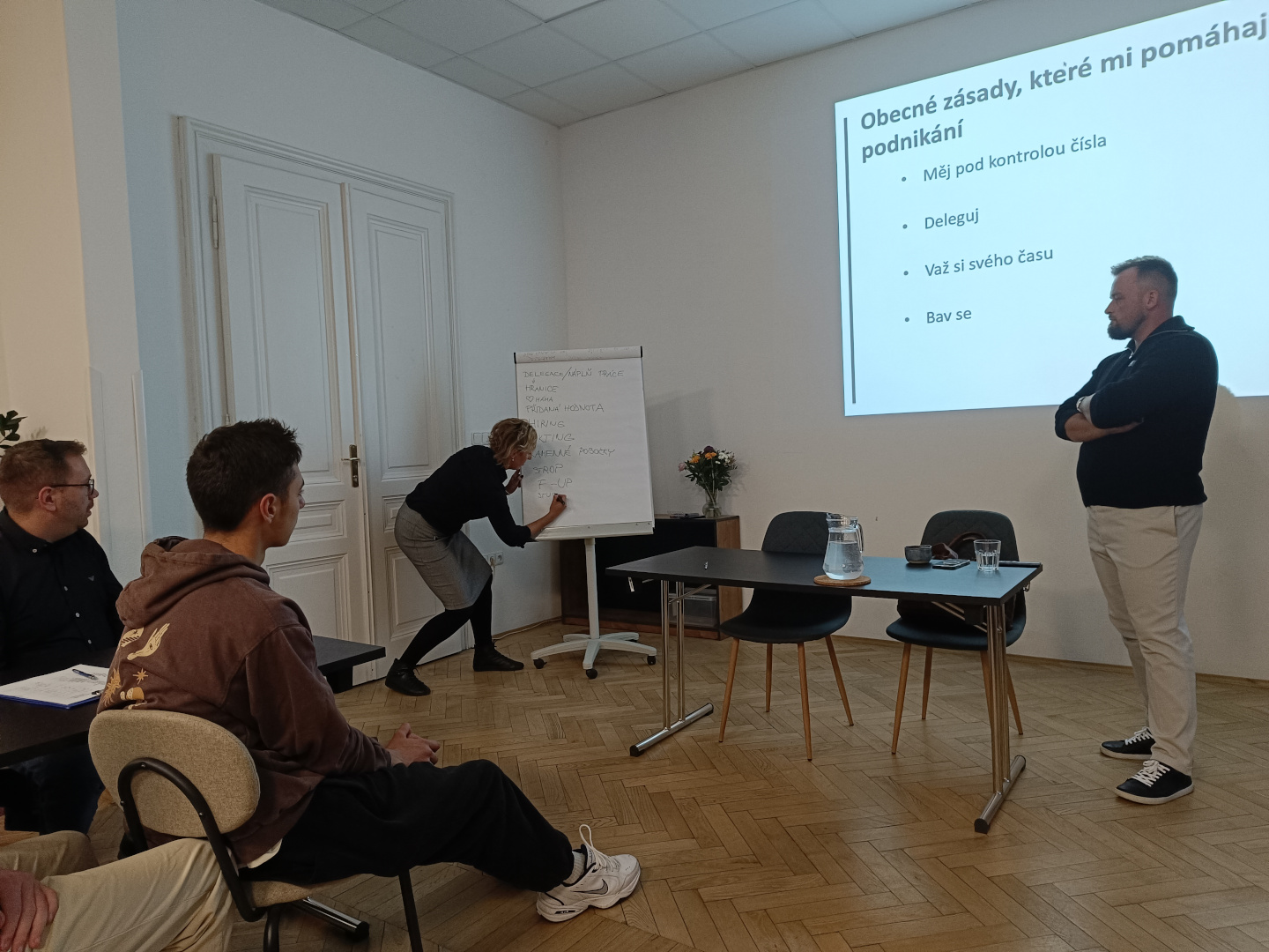 přednášející podnikatel tabule a žena, která zapisuje na flipchart